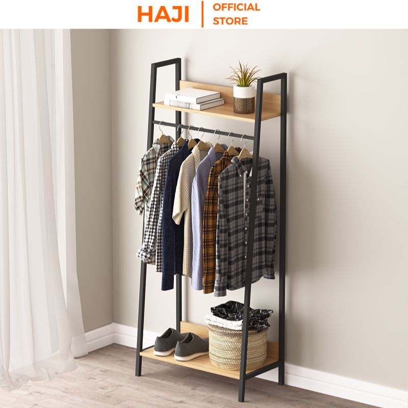 Giá treo quần áo kết hợp tầng lưu trữ tiện lợi, Cây treo áo quần HAJI khung sắt chắc chắn chống gỉ chịu lực tốt C13