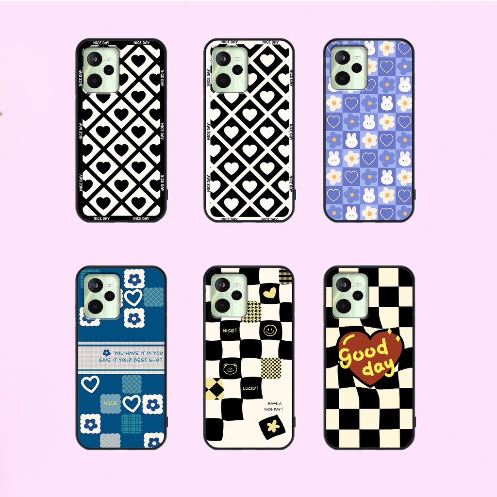 Ốp lưng Realme C35 in hoạ tiết caro trái tim đen trắng, gấu bear cute đáng yêu