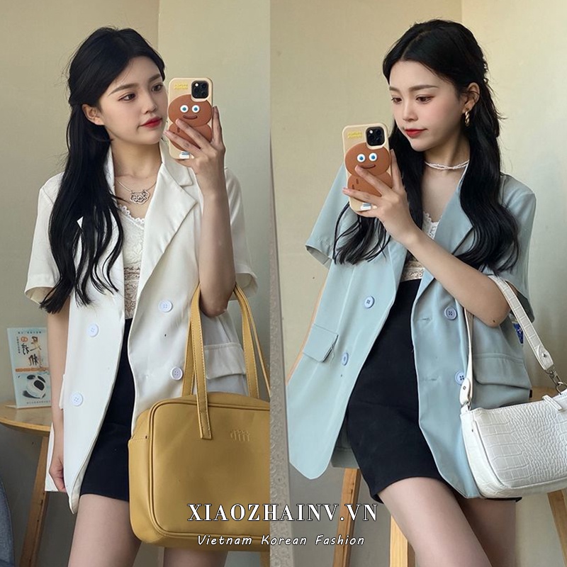 Xiaozhainv Áo khoác blazer tay ngắn form rộng màu trơn phong cách Hàn Quốc thanh lịch cho nữ