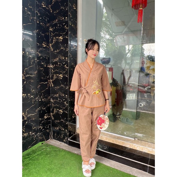 Bộ nữ đi chùa chéo nơ vải tixi