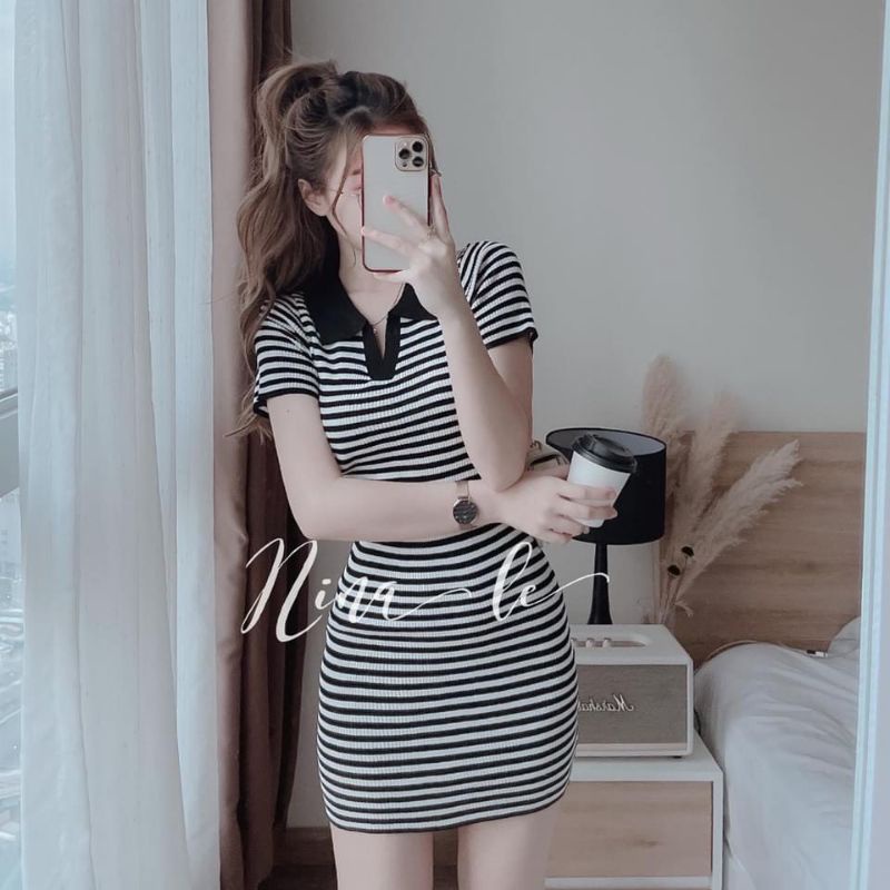 Đầm ôm body cổ polo sọc kẻ ngang ( kèm ảnh thật)