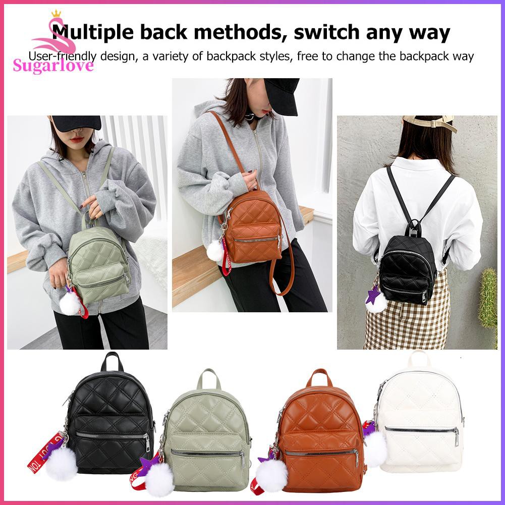 Beautiful※PU Leather School Backpack Lattice Pattern Women Pompom Shoulder Messneger Bags