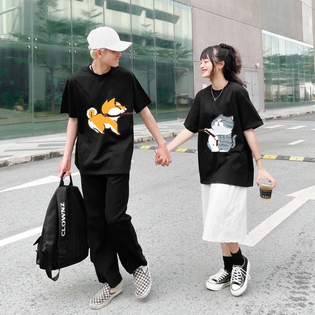 Áo đôi Chó Mèo kéo dây hottrend dễ thương cho các cặp đôi đang yêu, áo thun oversize cotton