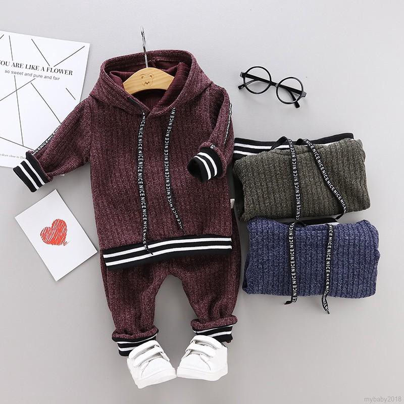 Set Áo Hoodie Dài Tay Sọc Ngang + Quần Dài Cho Bé Trai