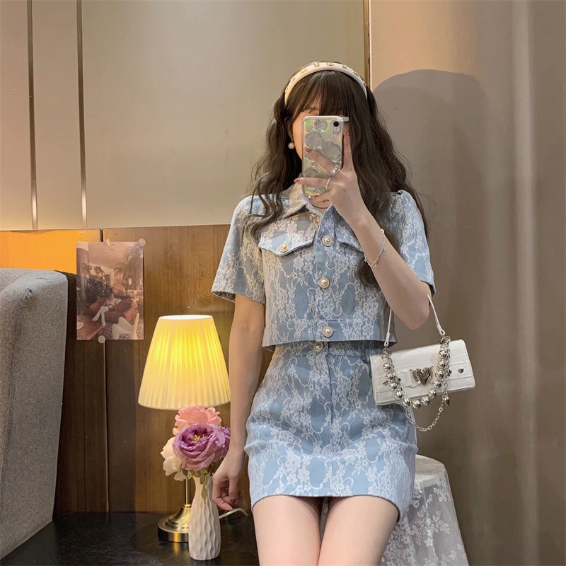 Set Áo Sơ Mi Ngắn Tay + Chân Váy Jeans Chữ A Thời Trang Cho Nữ