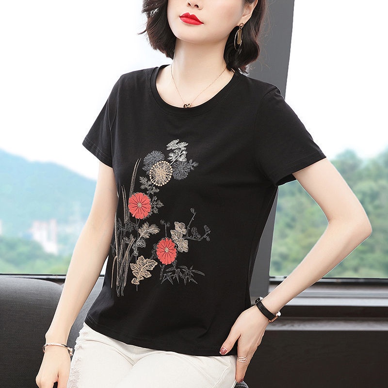 Áo thun tay ngắn dáng rộng màu sắc đơn giản dành cho phụ nữ trung niên