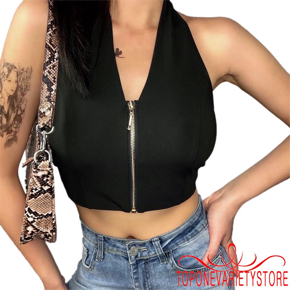 Áo croptop sát nách cổ chữ V hở lưng có khóa kéo trước thời trang mùa hè cho nữ