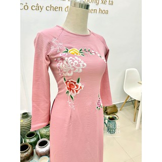 [GIÁ SỐC - LẺ SIZE XẢ] Áo dài thêu hoa cúc, áo dài cưới màu hồng - trắng hoa đỏ