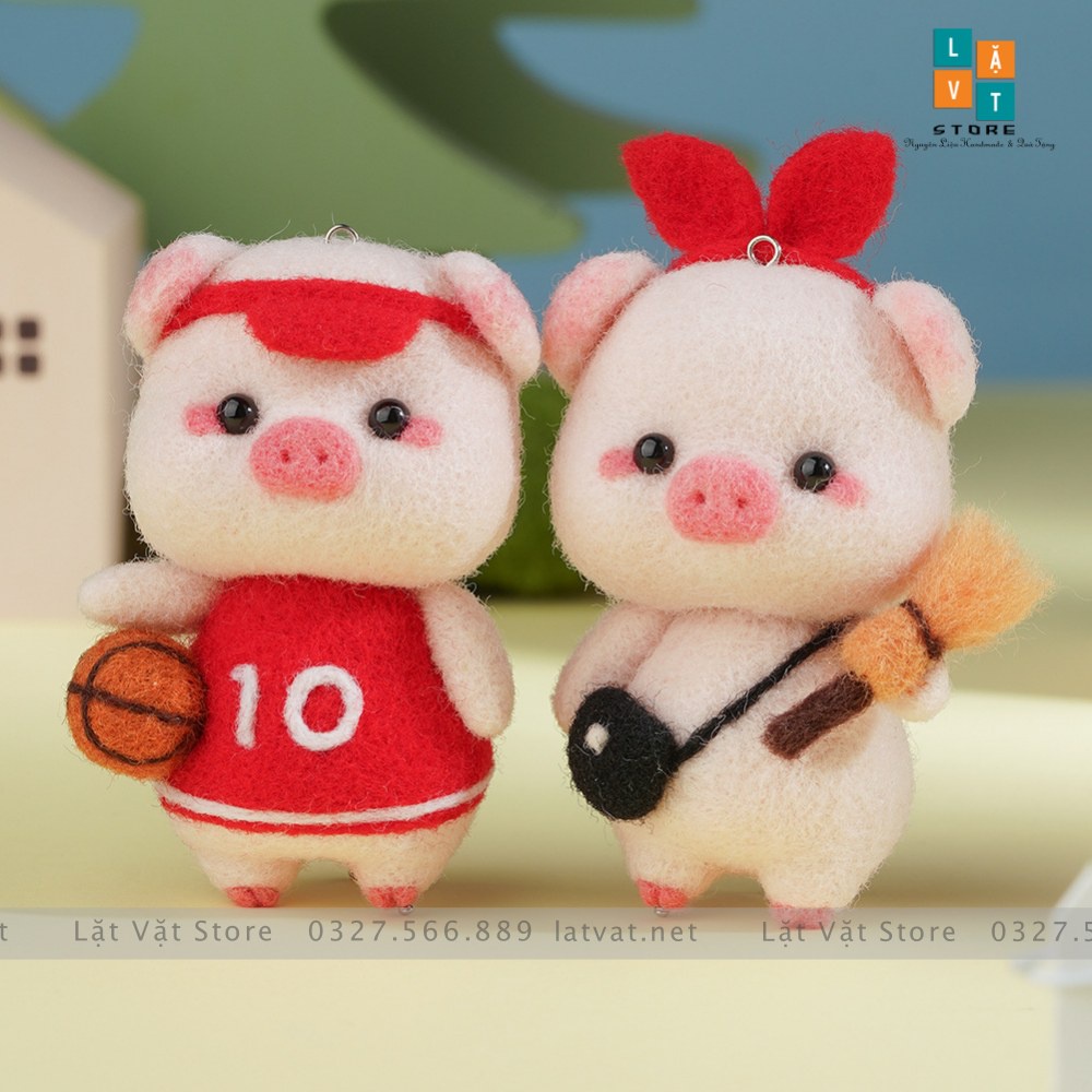 Bộ kit len chọc Gia Đình Heo Dễ Thương làm quà DIY, móc khoá từ handmade, có hướng dẫn - Needle felting Pig Familyđồ