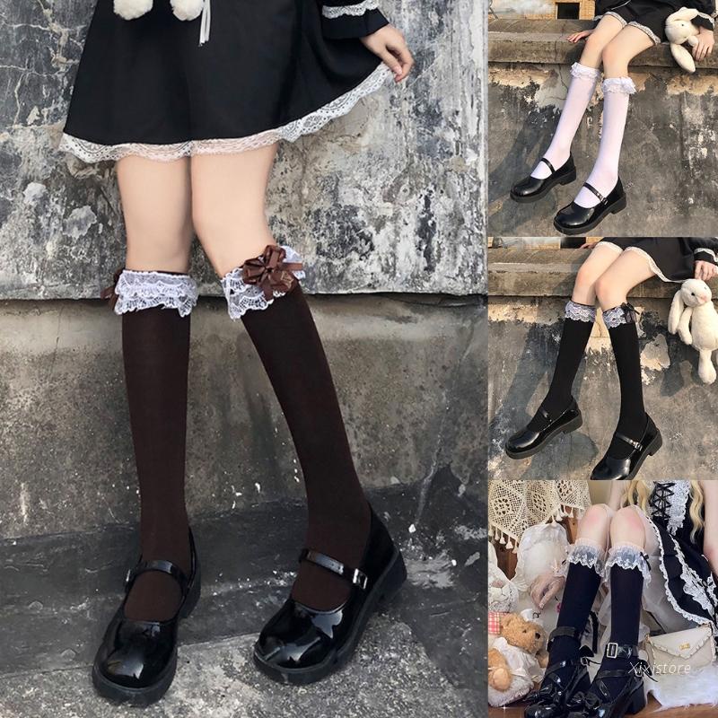 Vớ cao tới đầu gối vải cotton màu đen/ trắng phối bèo ren đính nơ phong cách lolita Nhật Bản ngọt ngào cho nữ