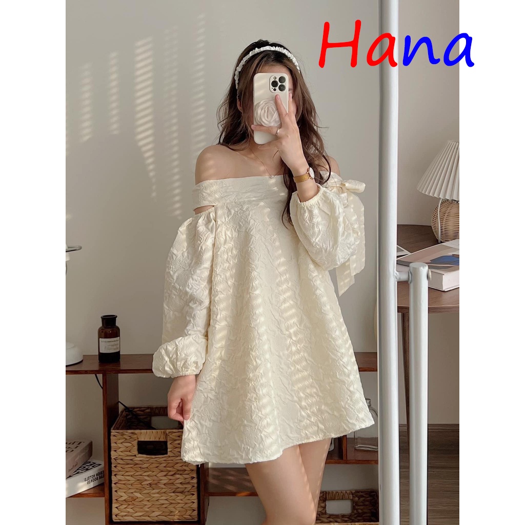 Váy Trễ Vai Thắt Nơ Dáng Babydoll Xòe Chất Tafta - Hana22