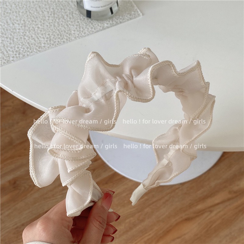 Cài tóc bờm tóc sóng voan viền nhún màu đen trắng BT559