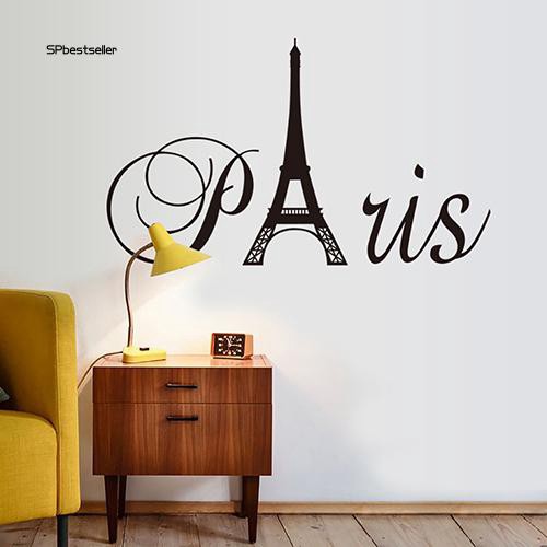 Miếng dán trang trí tường hình tháp Eiffel kèm chữ chất liệu PVC kích thước 49.5x32.5cm