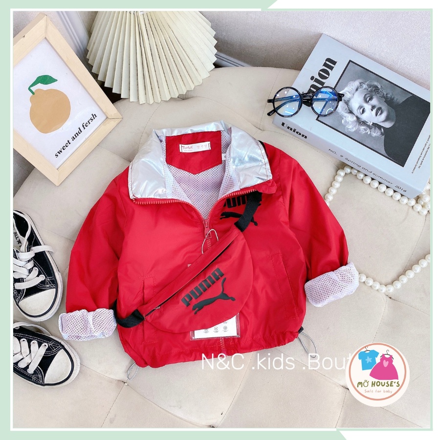 Set áo 2 chi tiết, áo gió 2 lớp kèm túi đeo chéo cho bé trai, bé gái từ 10kg đến 22kg AK05