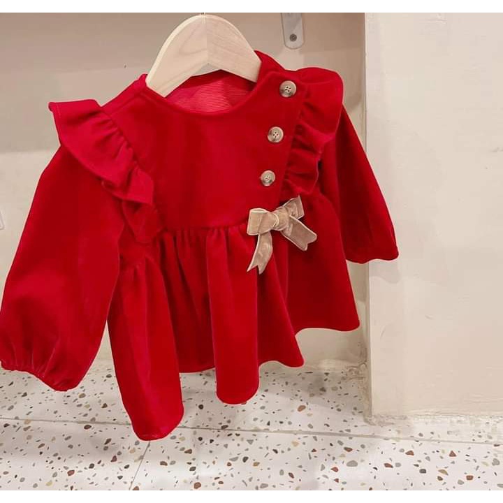 (8-20kg) Váy bé gái vải nhung đỏ 3 cúc cách điệu QATE858 - Đầm bé gái dáng xinh TB184