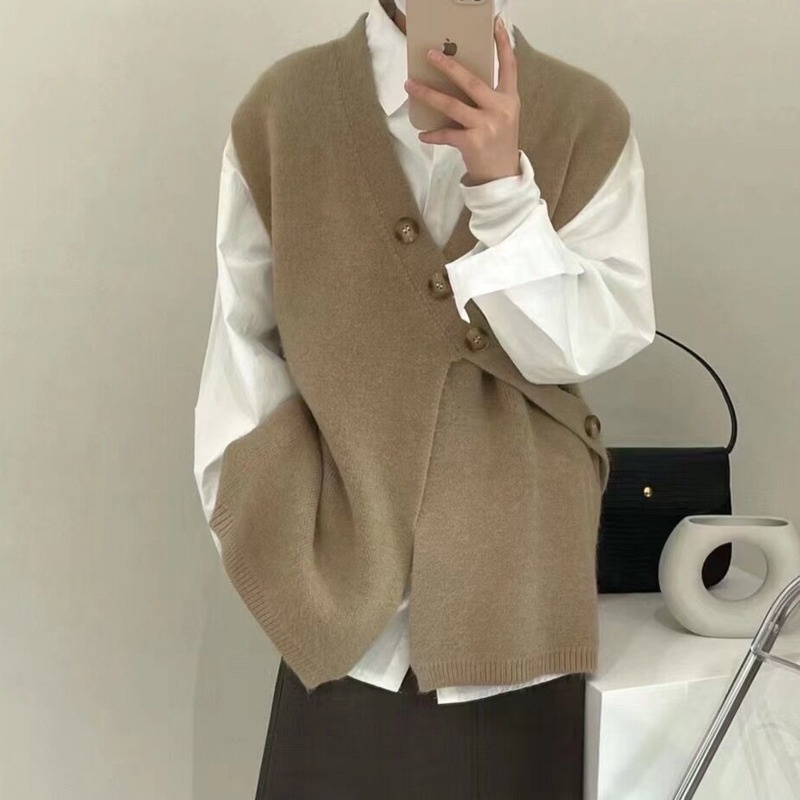 Áo Sweater Dệt Kim Không Tay Màu Trơn Cài Nút Thời Trang Mùa Thu Phong Cách Hàn Quốc Cho Nữ