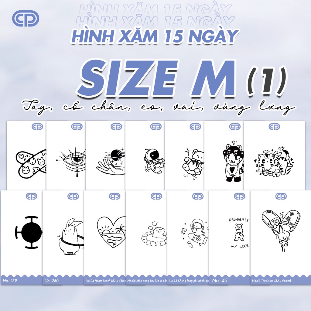 SIZE M.1 Hình xăm dán 15 NGÀY chống thấm nước SIZE M