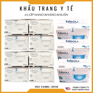 [Hàng Công Ty] Khẩu Trang Y Tế Bisou 4 Lớp Kháng Khuẩn,Đạt Tiêu Chuẩn Kiểm Định 2020, 3 Màu Xanh Xám Trắng ,Hộp 50 Cái