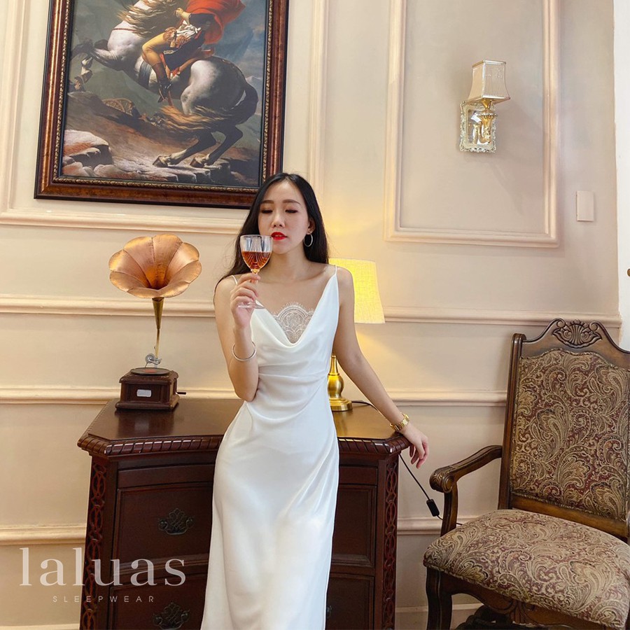 {Hình thật}Đầm ngủ lụa cao cấp Stela Dress trắng tinh khôi