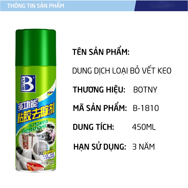 Dung dịch tẩy vết keo dán BOTNY Sticker Remover 450ml, bình xịt loại bỏ decal,vết keo dính lâu ngày kính xe hơi _B-1810