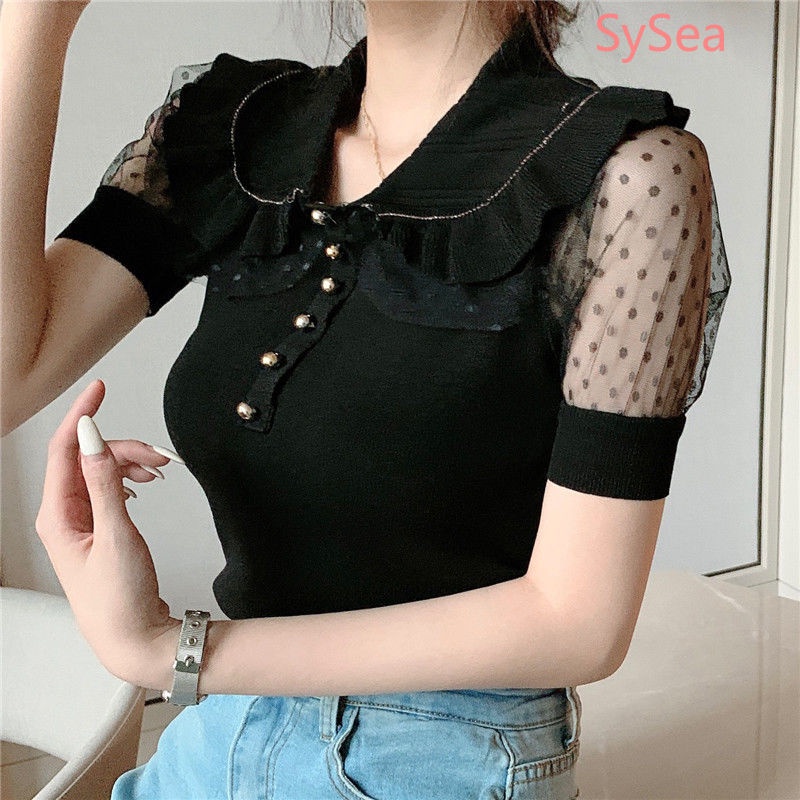 Áo Dệt Kim Cổ Búp Bê Phối Lưới Thời Trang Mùa Hè Cho Nữ