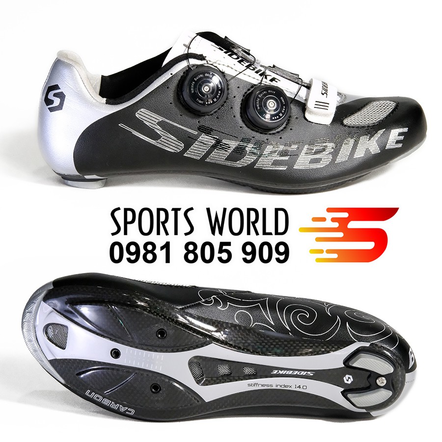 Giày can đạp xe, đế CARBON, 2 khóa vặn, dòng Road - SIDEBIKE SD-002-Bạc