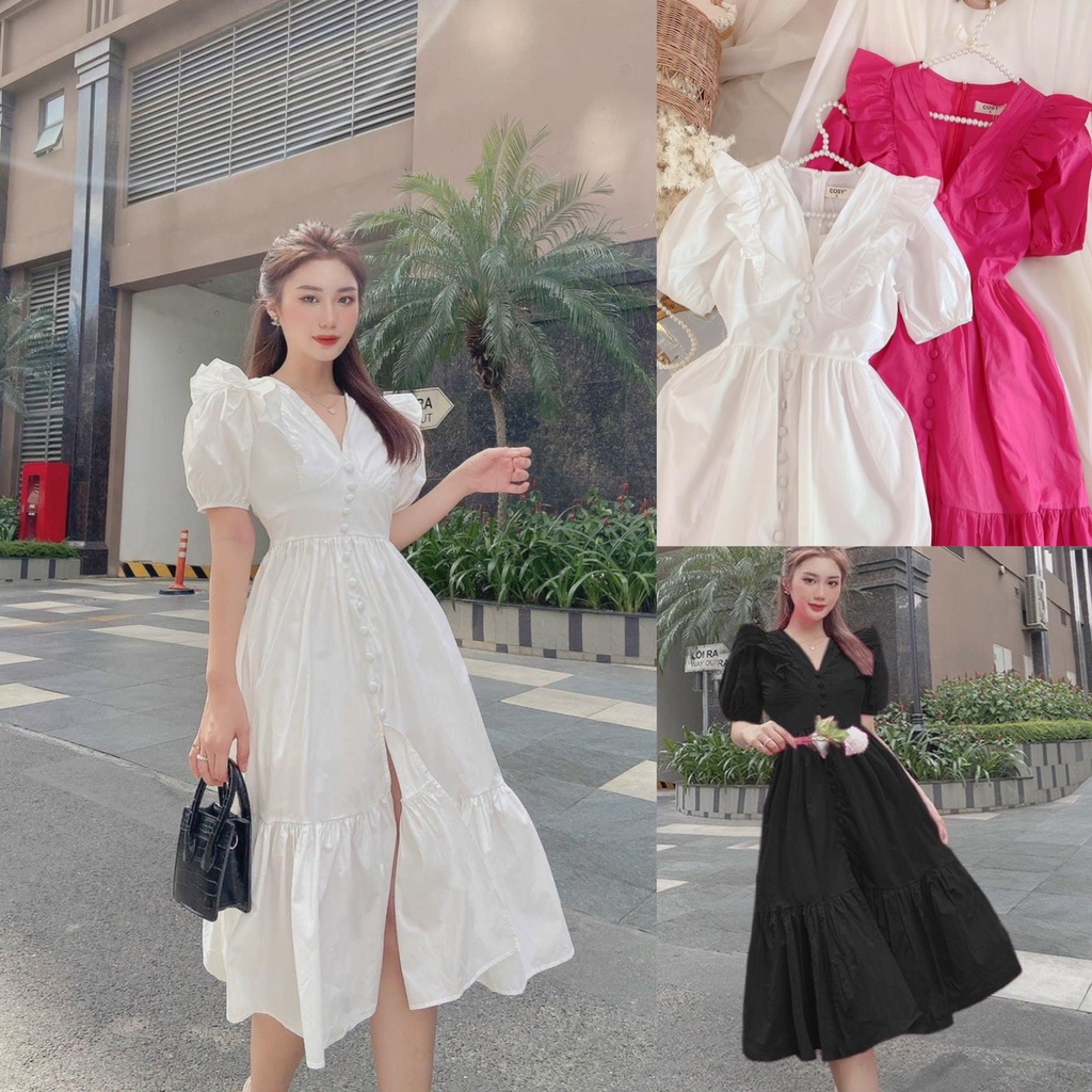 Đầm babydoll dài dáng xòe tay ngắn phồng cổ V phối bèo tiểu thư Bigsize Kim Ngân từ 50kg đến 100kg