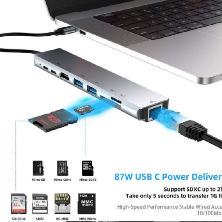 Hub Type C 8in1 - Cổng chuyển đổi HUB USB Type-C to HDMI, USB 3.0, SD, TF, RJ45, PD Type-C cho Laptop Macbook