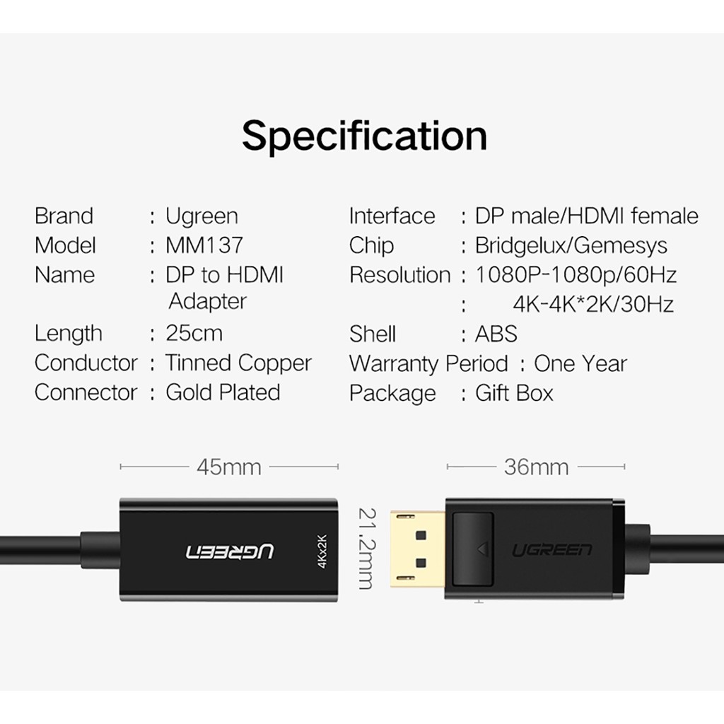 Dây Chuyển Displayport Sang HDMI Chính Hãng Ugreen MM137 - Hỗ Trợ 4K