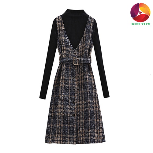 Váy Đầm Bigsize Sét Áo Len Kết Hợp Váy Dạ Kẻ Thắt Đai Thanh Lịch Thời ThượngHàng VNXK mã sp