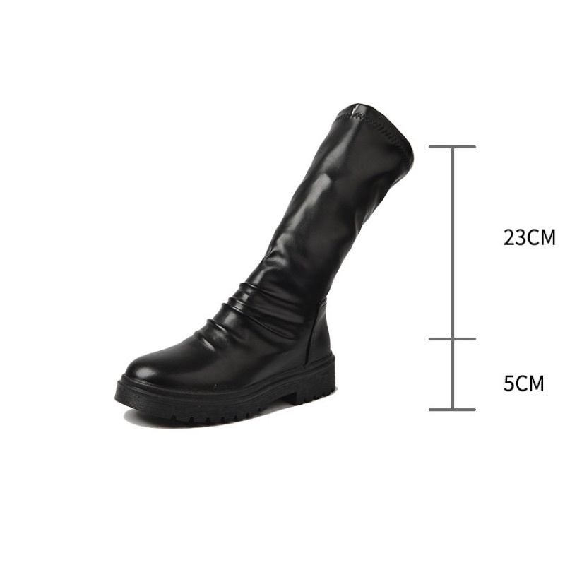 Bốt nữ da nhăn cổ ngắn và cổ cao dưới đầu gối không khoá đế cao 3,5cm