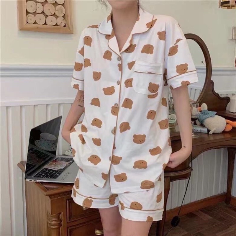 SUSQ1 Đồ bộ Pijama nam nữ ngủ mặc nhà gấu xanh trắng cộc tay cute Quần sooc đùi short ngắn áo cổ vest form rộng unisex
