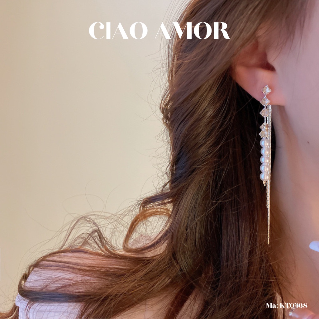 Khuyên tai nữ, Bông tai dài bạc 925 hai mảng dính ngọc bling dự tiệc sang trọng Trang sức Ciao Amor - KT0468