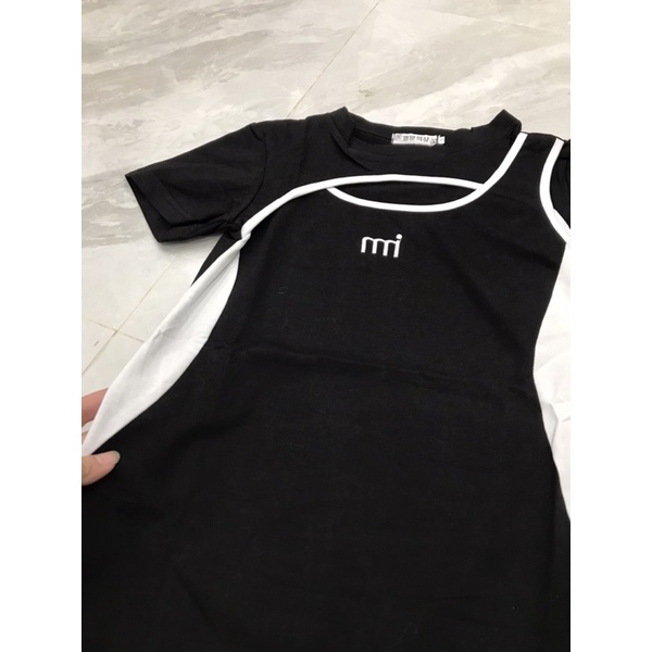 Sét đồ đôi nam và nữ 2 màu đen và be váy ôm body kết hợp áo phông nam