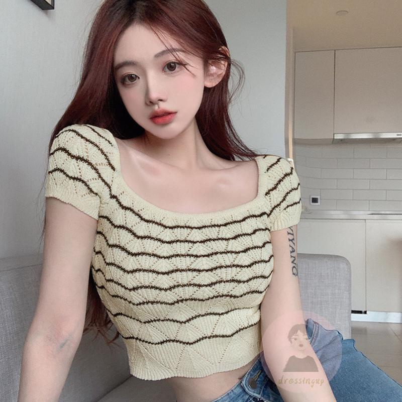 Áo Thun Tay Ngắn Cổ Vuông Họa Tiết Sọc Thời Trang Cho Nữ