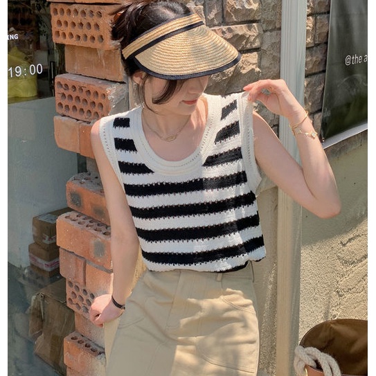 AMOI Áo Dệt Kim Sát Nách Dáng Rộng Họa Tiết Kẻ Sọc Phong Cách Vintage Cho Nữ