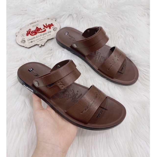 Dép da nam loại tốt hãng niềm tin đế thấp 2 màu nâu đen