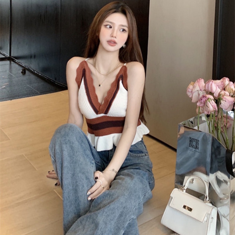 Áo Hai Dây Dệt Kim Cổ Chữ V Quyến Rũ Thời Trang Cho Nữ