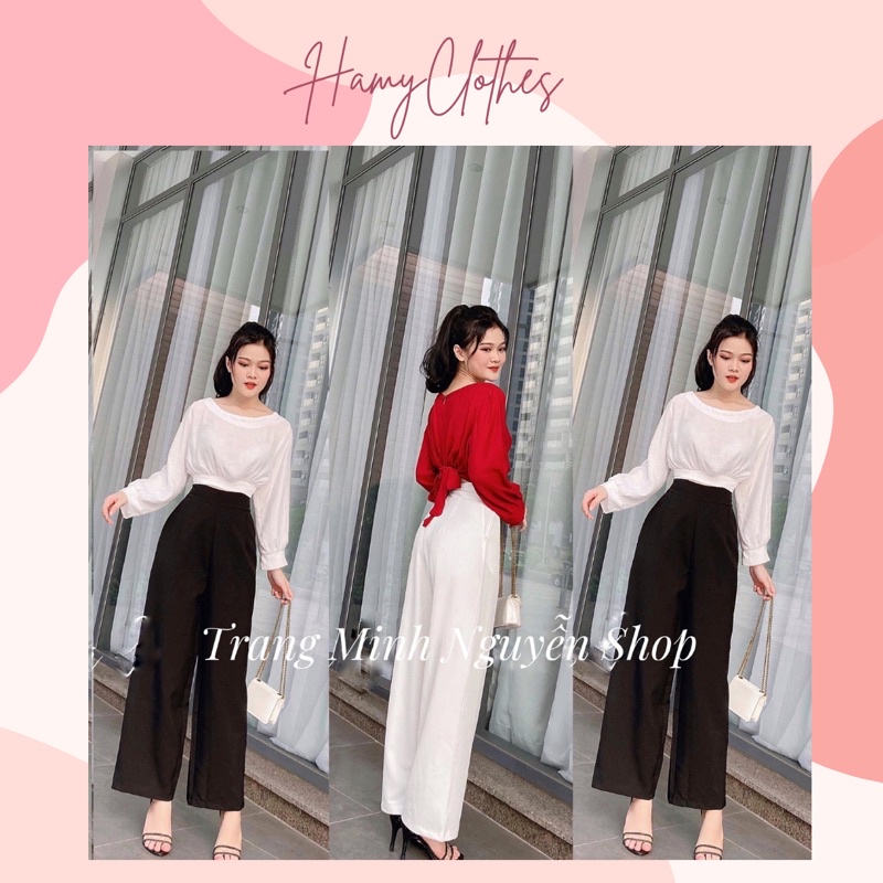 Set Áo Buộc Nơ Nữ Kết Hợp Quần Suông Dài Phong Cách Sang Chảnh