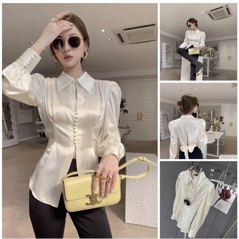 Áo sơ mi thiết kế cho nữ chất lụa mềm mịn mix cúc ngọc màu be kem phối nơ Mẫu mới 2022