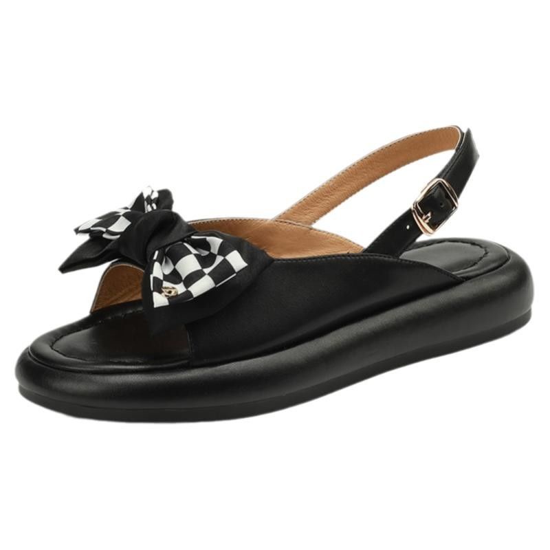 Oeggeo shop Xăng đan Đế Bằng Kẻ Sọc Ca Rô Đính Nơ Có Một Nút Cho Nữ