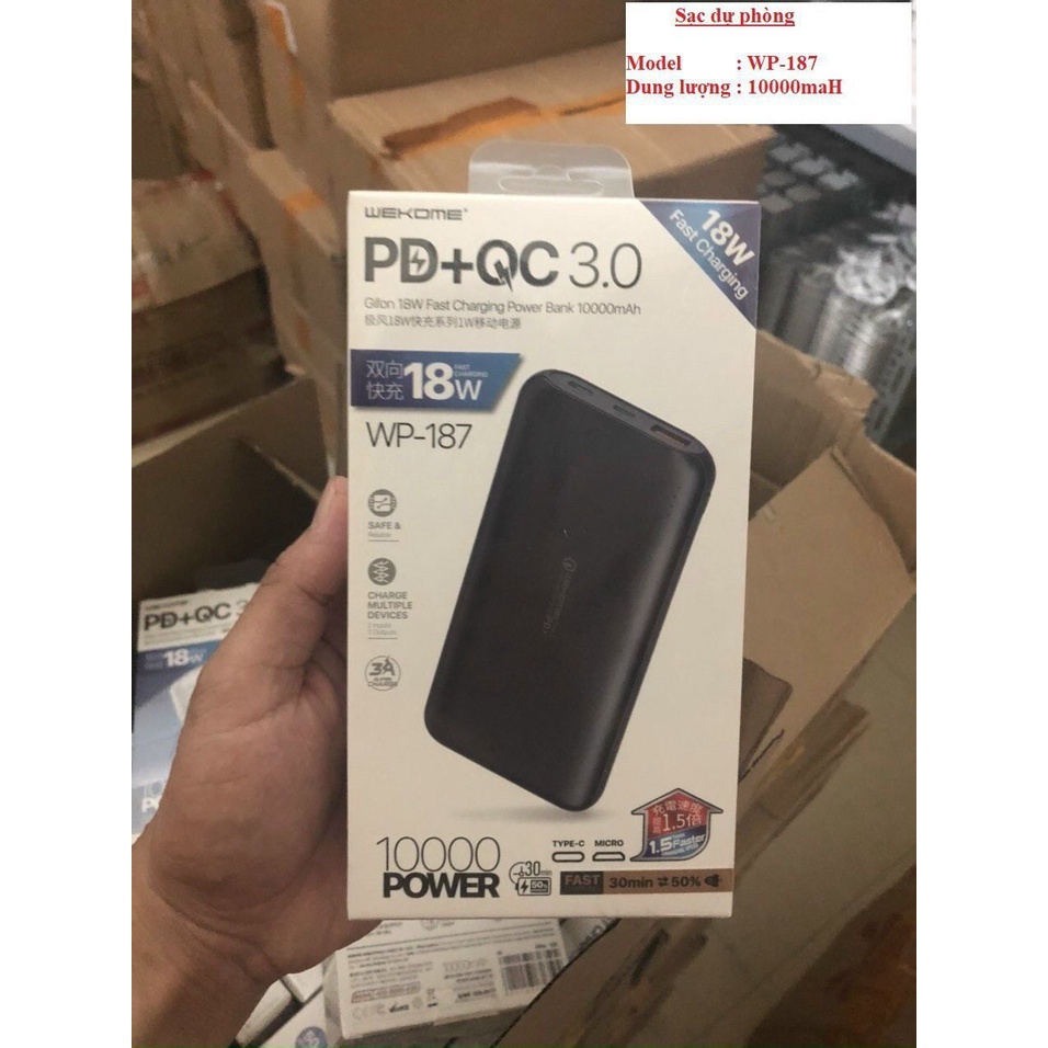 Sạc dự phòng PD18W +QC3.0 chính hãng, Pin Sạc Dự Phòng WP-187 20W 10000mAh Sạc Nhanh PD 18W