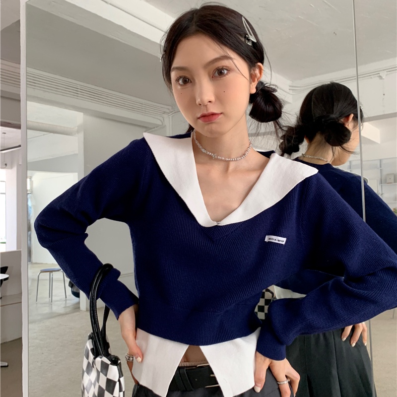 【Hana and Alice】Đầm Dệt Kim Tay Dài Cổ Chữ V Lưng Cao Giả Hai Lớp Thời Trang Trẻ Trung
