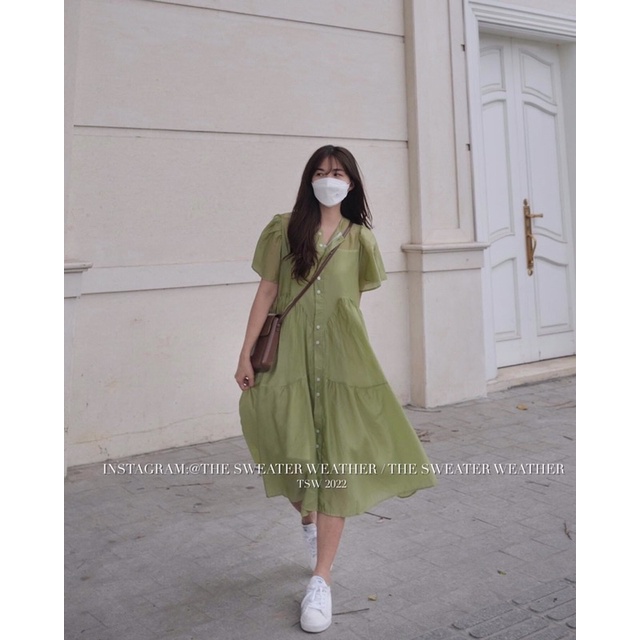 Váy đũi xanh cốm bèo tầng siêu hot hit bầu bí bon chen thoả mái