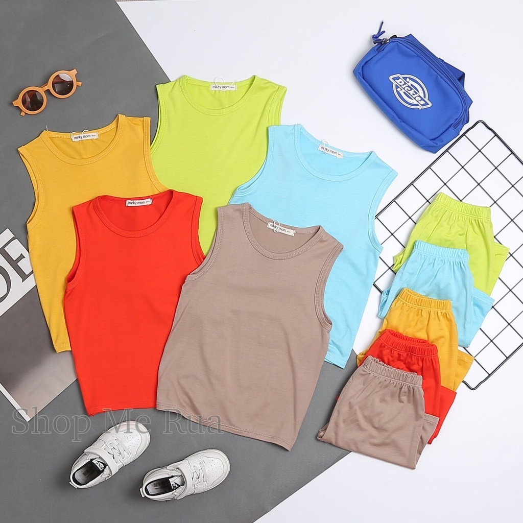 Đồ Bộ quần áo ba lỗ cho bé trai bé gái trơn xuân hè. Hàng Minky Mom. Cả bộ quần áo , bé 9-27kg. BL14