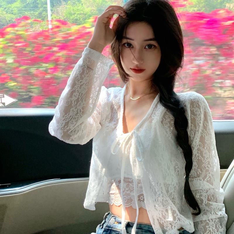 Áo Khoác Cardigan Chống Nắng Tay Dài Vải Lụa Lạnh Phối Ren Màu Trơn Thời Trang Cho Nữ