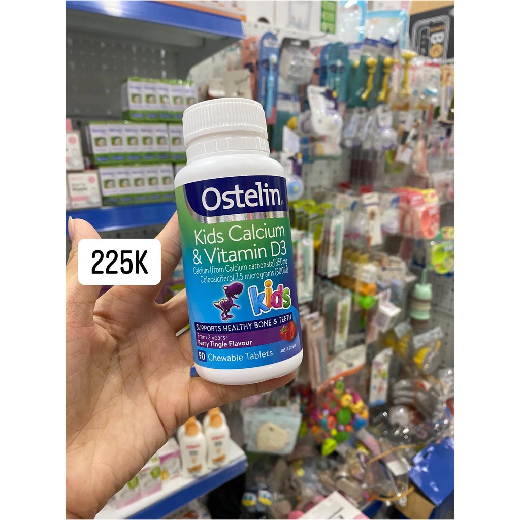 [CHUẨN ÚC] Canxi và Vitamin D3 cho bé, Canxi Khủng long Calcium &amp; D3 Ostelin Kids 90 viên nhai cho bé từ 2 tuổi