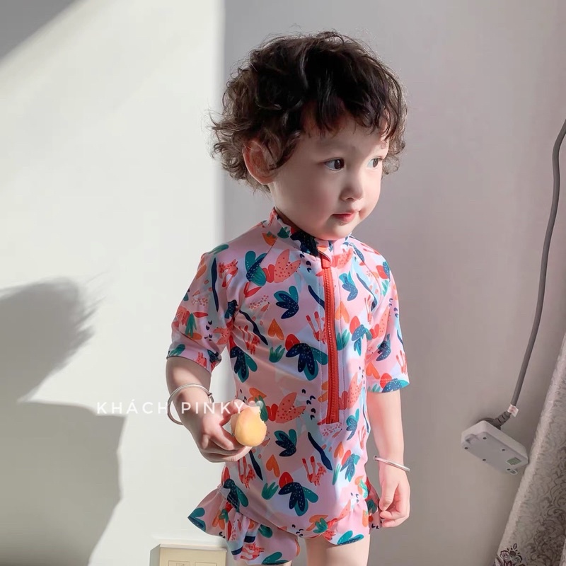Đồ bơi một mảnh bé gái, áo tắm liền thân cho be màu hồng hoạ tiết nhiệt đới