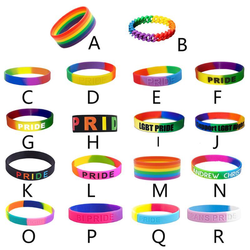 Vòng đeo tay silicon cao su mặt in chữ cầu vồng LGBT với 18 kiểu màu sắc cầu vồng dành cho nữ