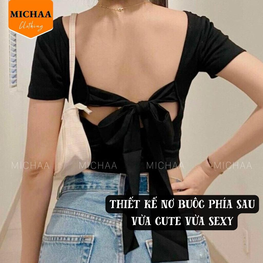 Áo Croptop BUỘC NƠ LƯNG Cổ Vuông Nữ Thun Gân Kiểu Ôm Body Sexy Đẹp 2 Màu - MICHAA